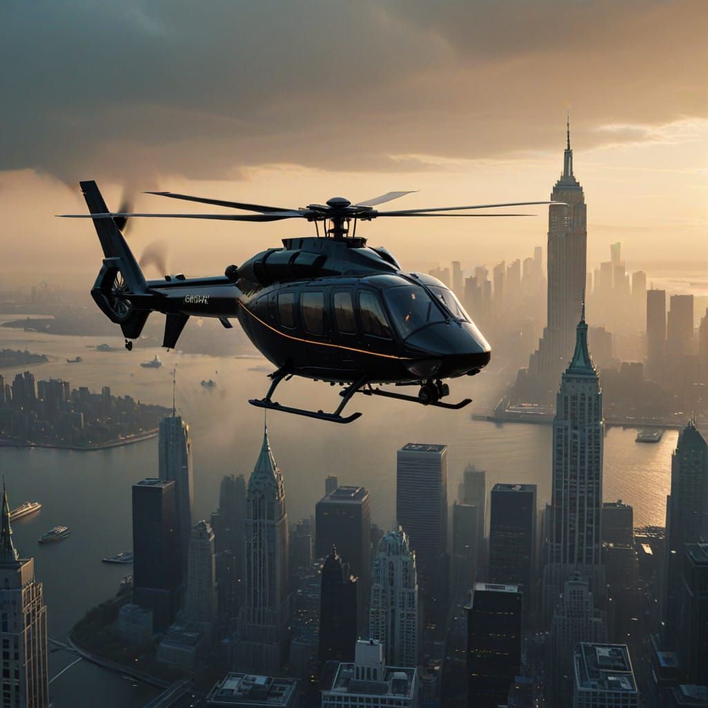 Futuristic Helicopter Soars Through Dawn-Lit NYC Sky