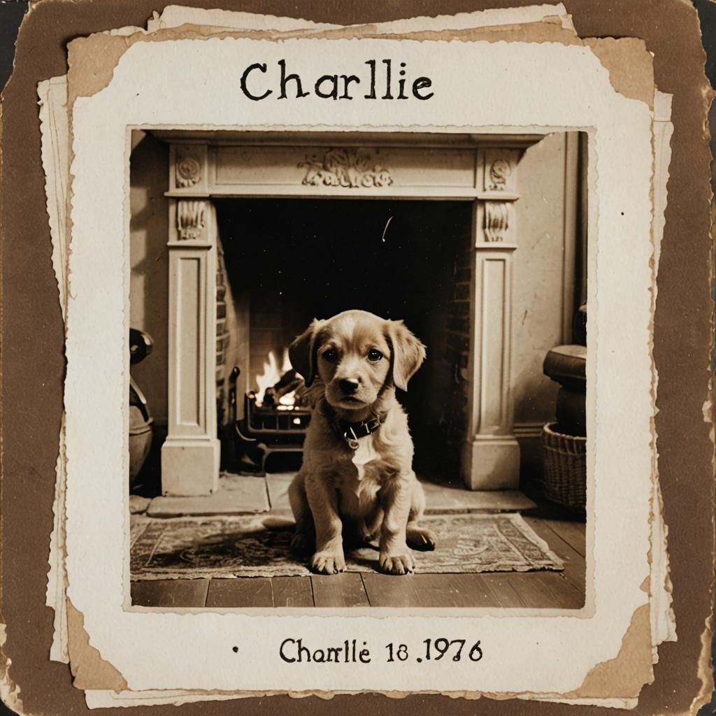 Vintage Photo of Puppy Named Charlie by Fireplace