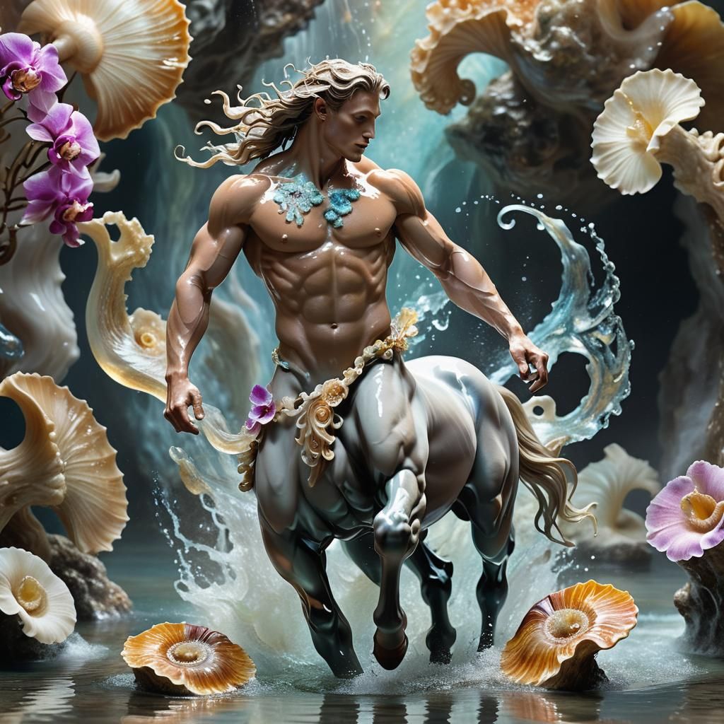 Centaur Galloping Amidst Water Elementals in a Futuristic St...