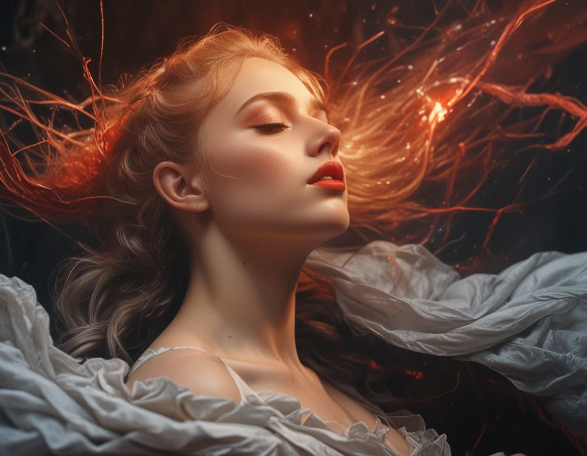 Ethereal Woman in Red Gown, Holding a Demonic Creature, in a...