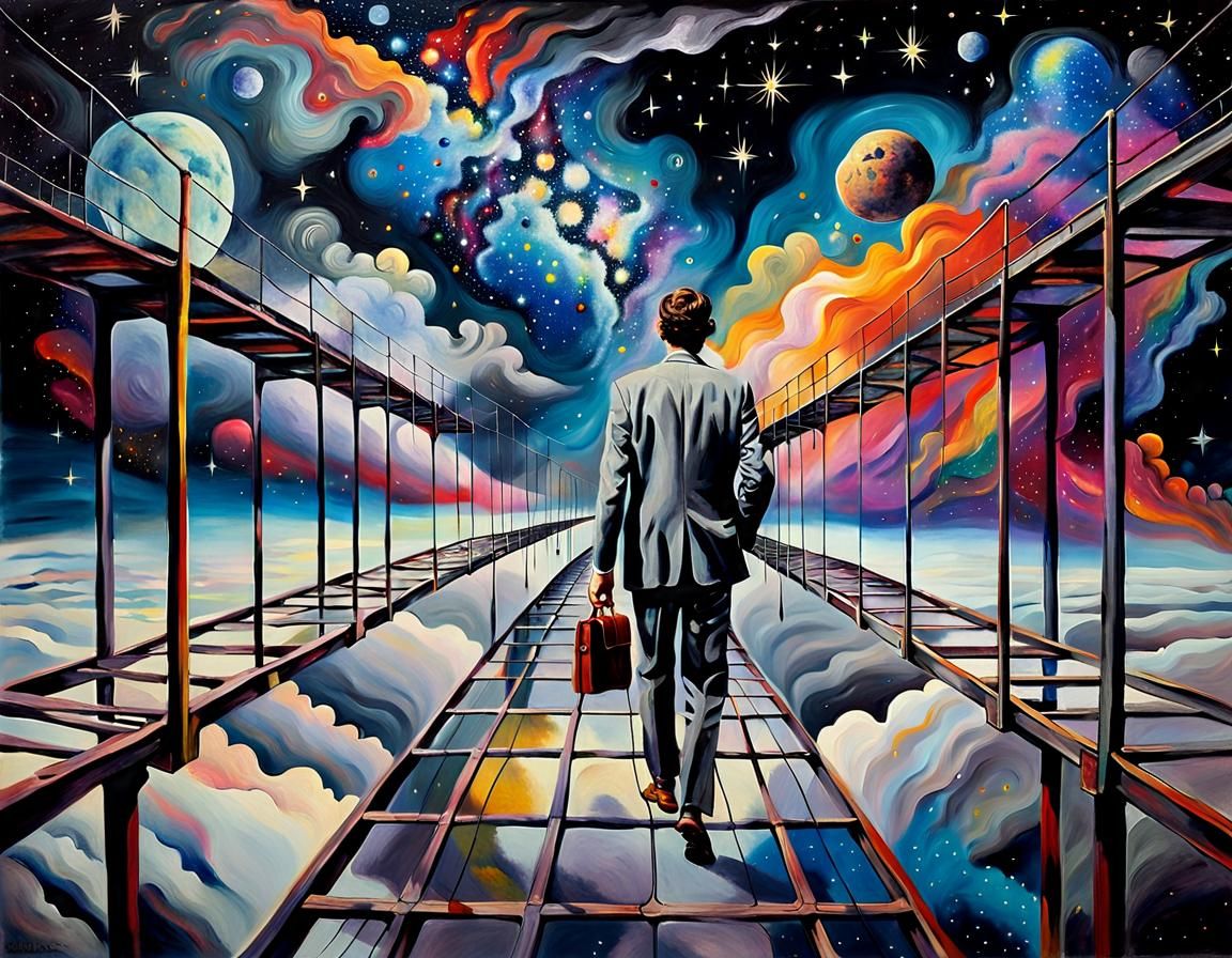 Surreal Businessman Walks in Space Oil Painting