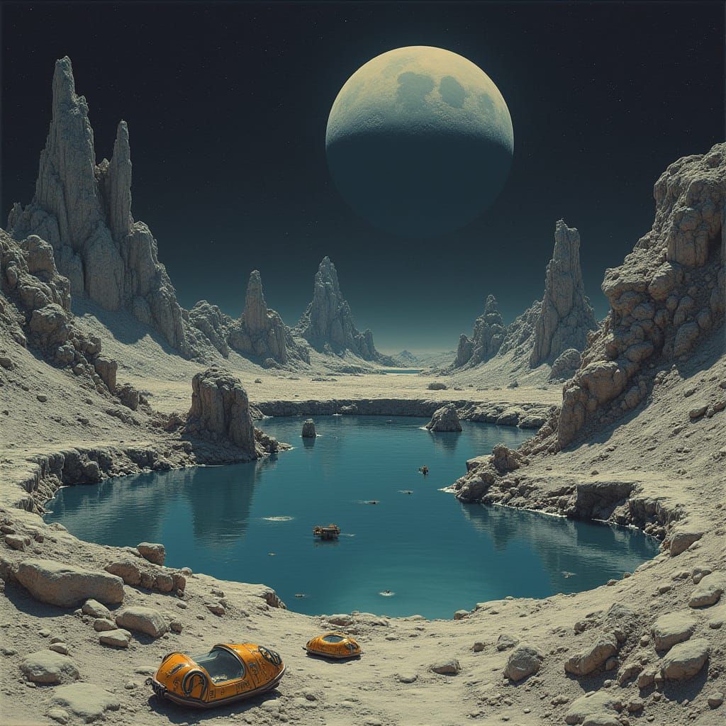 Surreal Moon Caldera with Metallic Debris