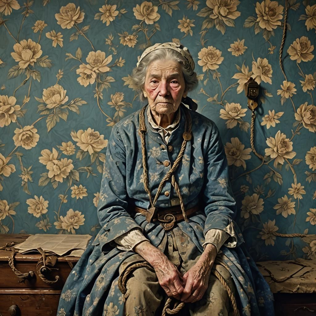 Bound Elderly Woman in Dystopian Cyberpunk Style