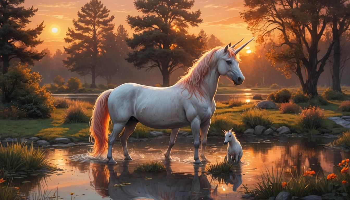 Unicorn Drinks at Pond with Twin Sunset