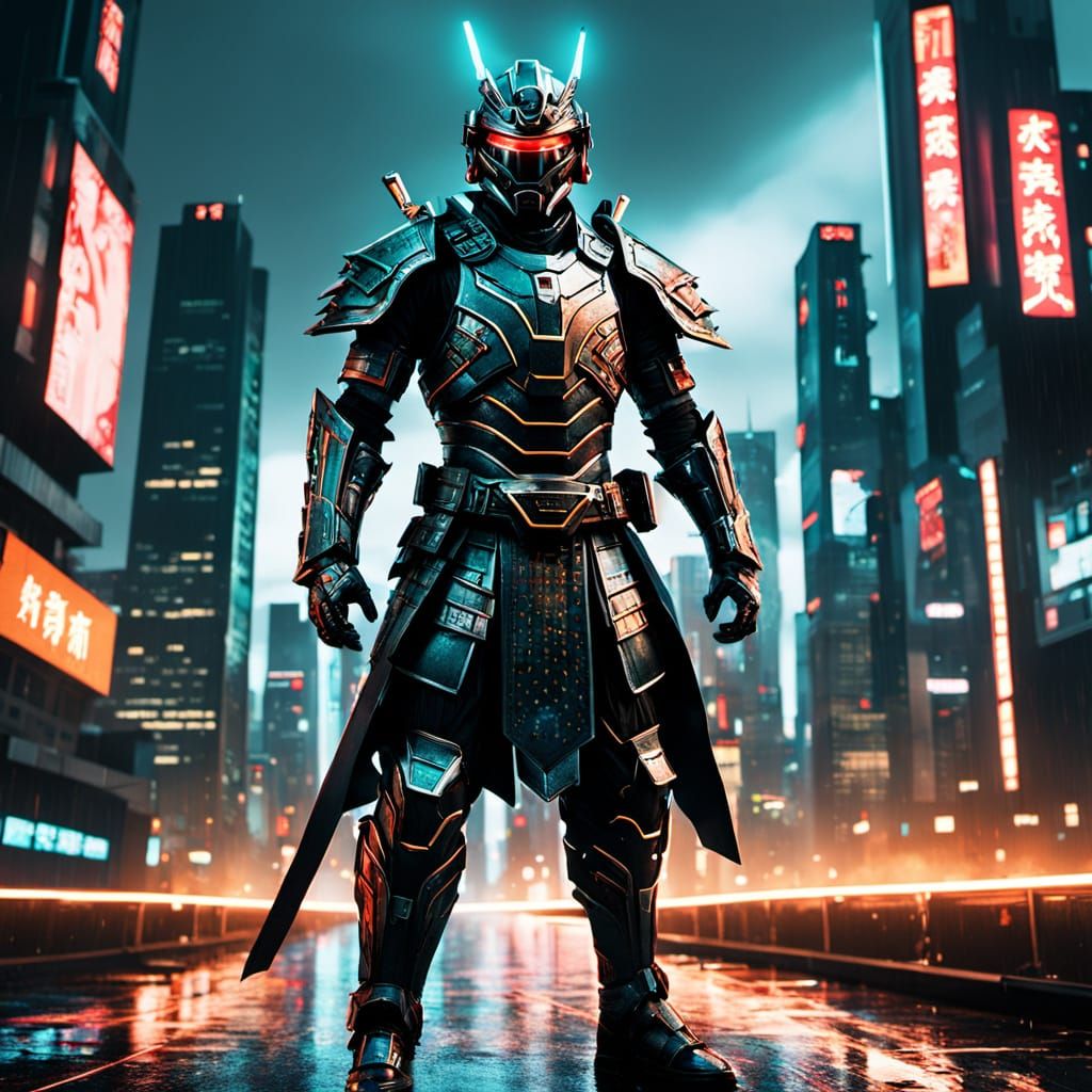 Cybernetic Samurai Standoff on Neon Rooftop