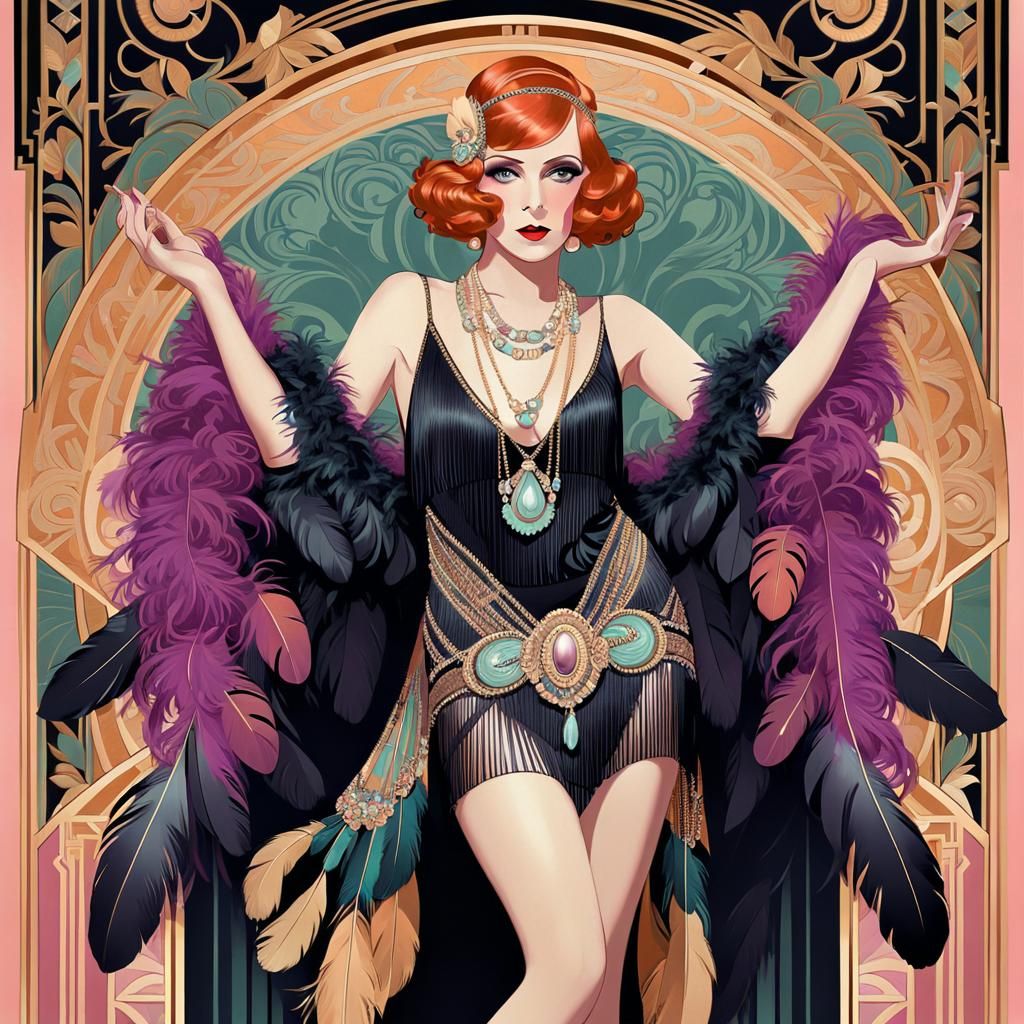 Redhead Flapper Portrait in Art Deco Style