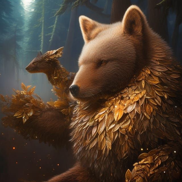 Robotic Cyborg Bear in Winter Forest, Ink Illustration