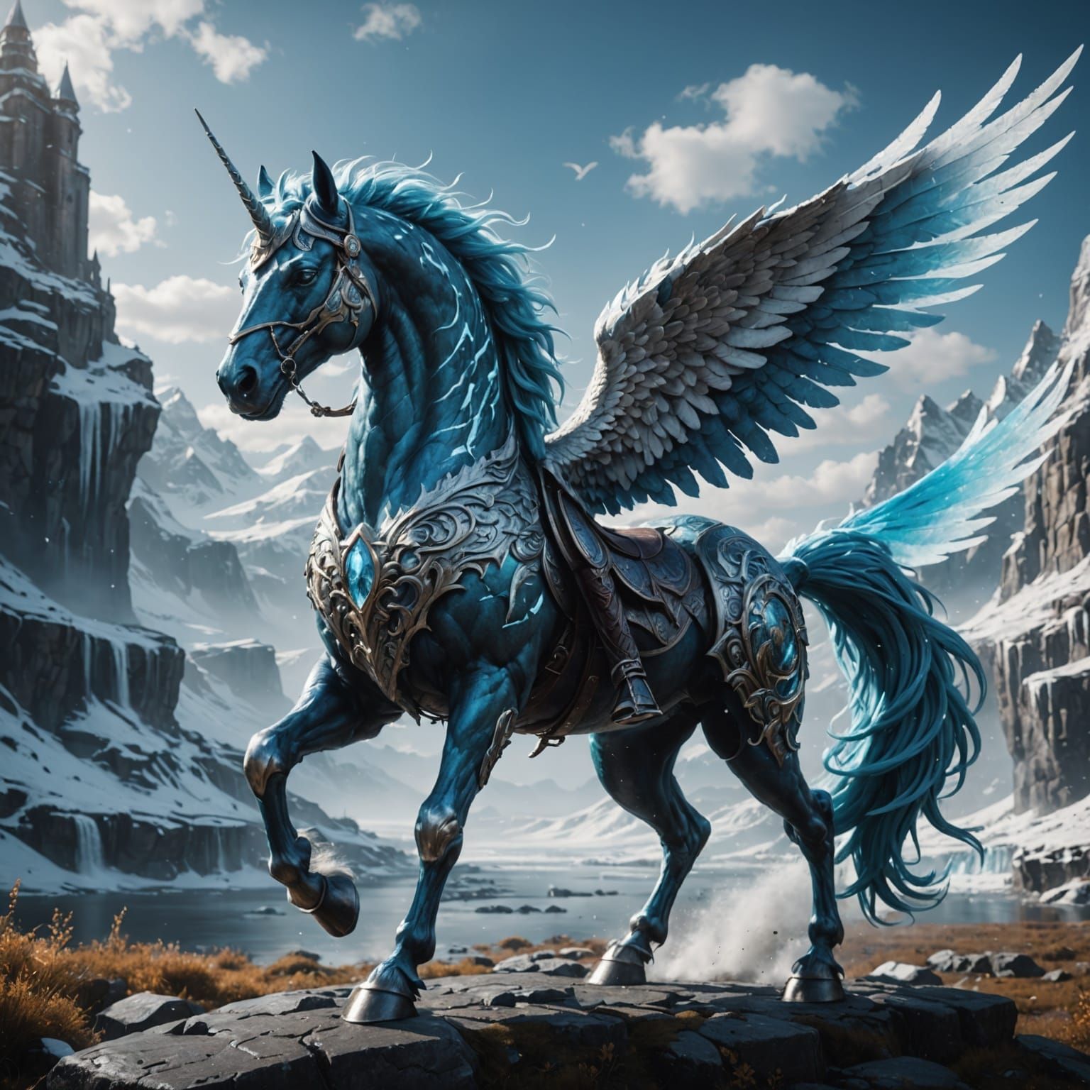 Majestic White Pegasus Glides Through Crystal Ice Realism in...