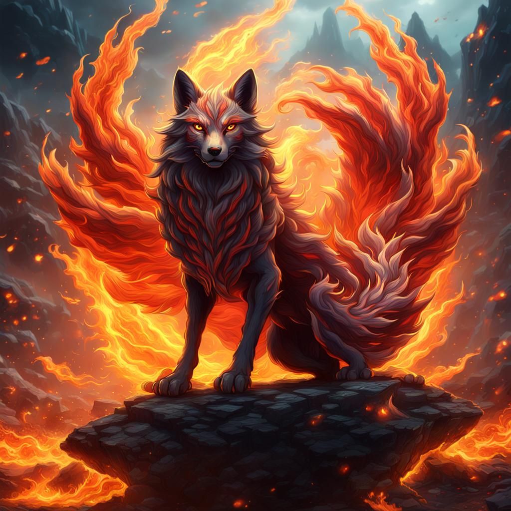 Fiery Nine-Tailed Fox: Fantasy Concept Art