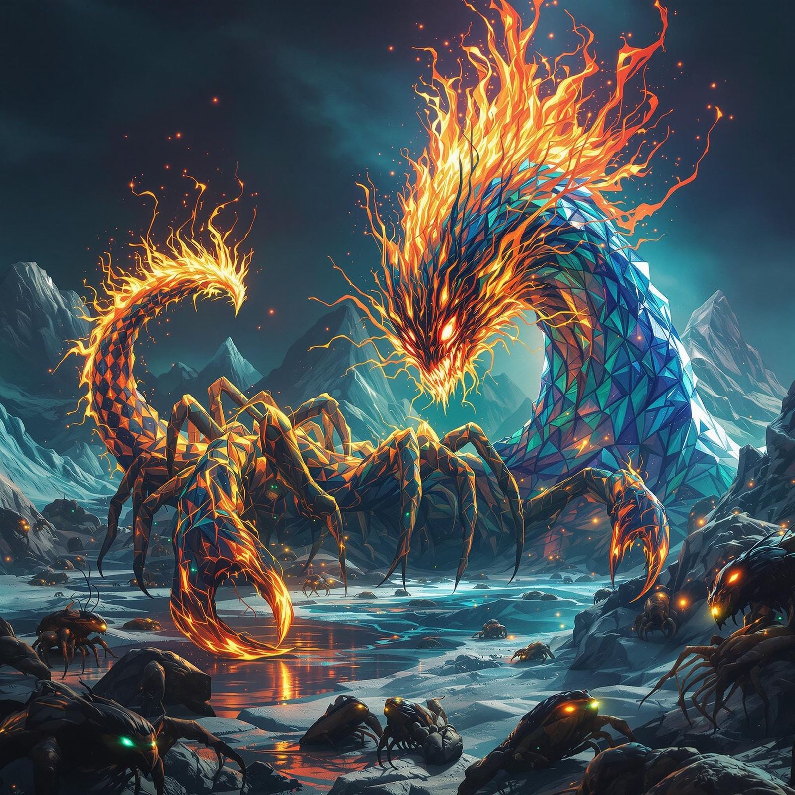 Psychedelic Phoenix-Scorpion Hybrid with Sphinx Glacier