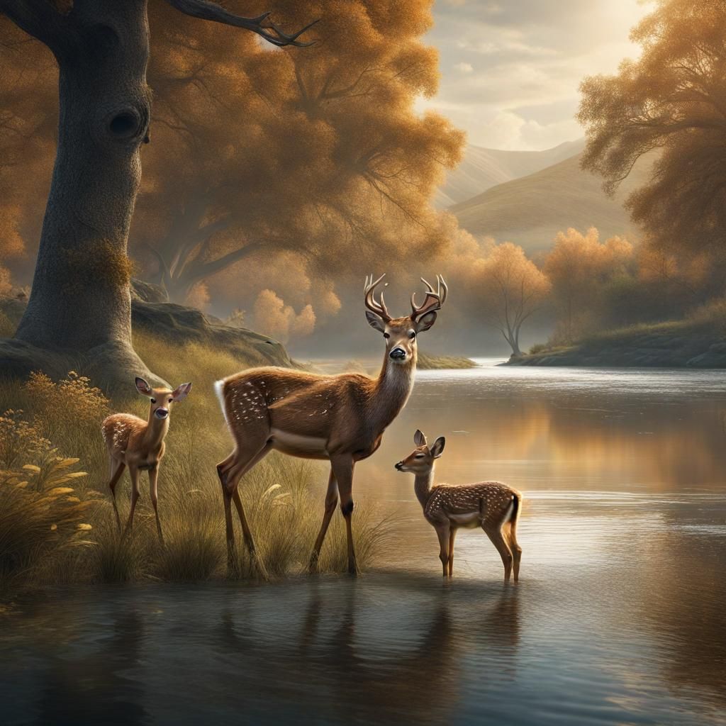 Deer and Fawn in Detailed Landscape: National Geographic Sty...