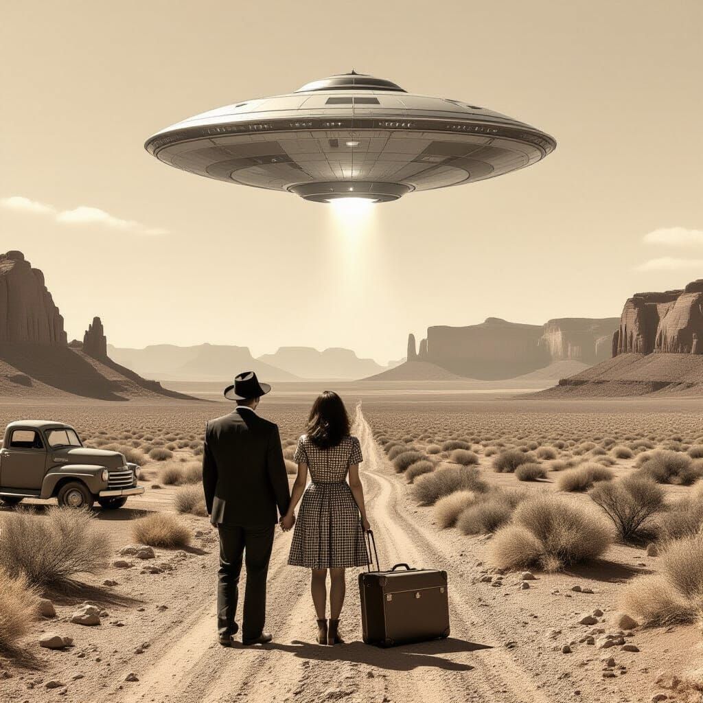 Nostalgic Desert Encounter with Futuristic Spaceship