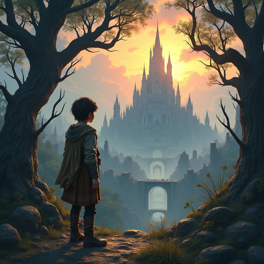 Boy at Edge of Mystical Forest Cityscape