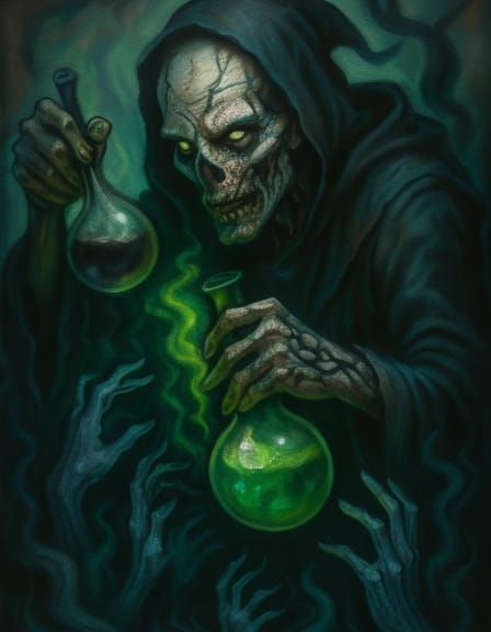 Undead Alchemist Mixing Decay Potions in Dark Surrealism