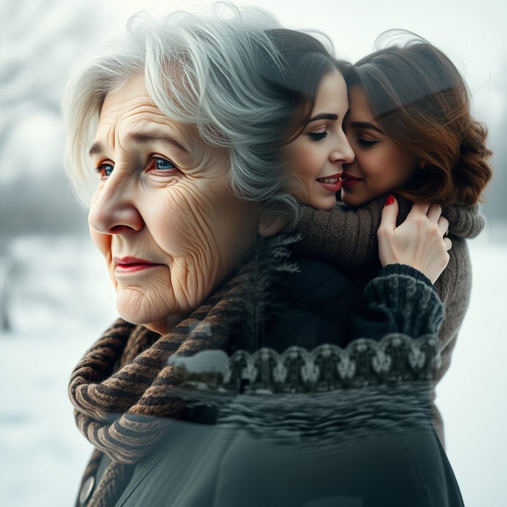 Elder Woman in Winter Landscape with Tender Embrace