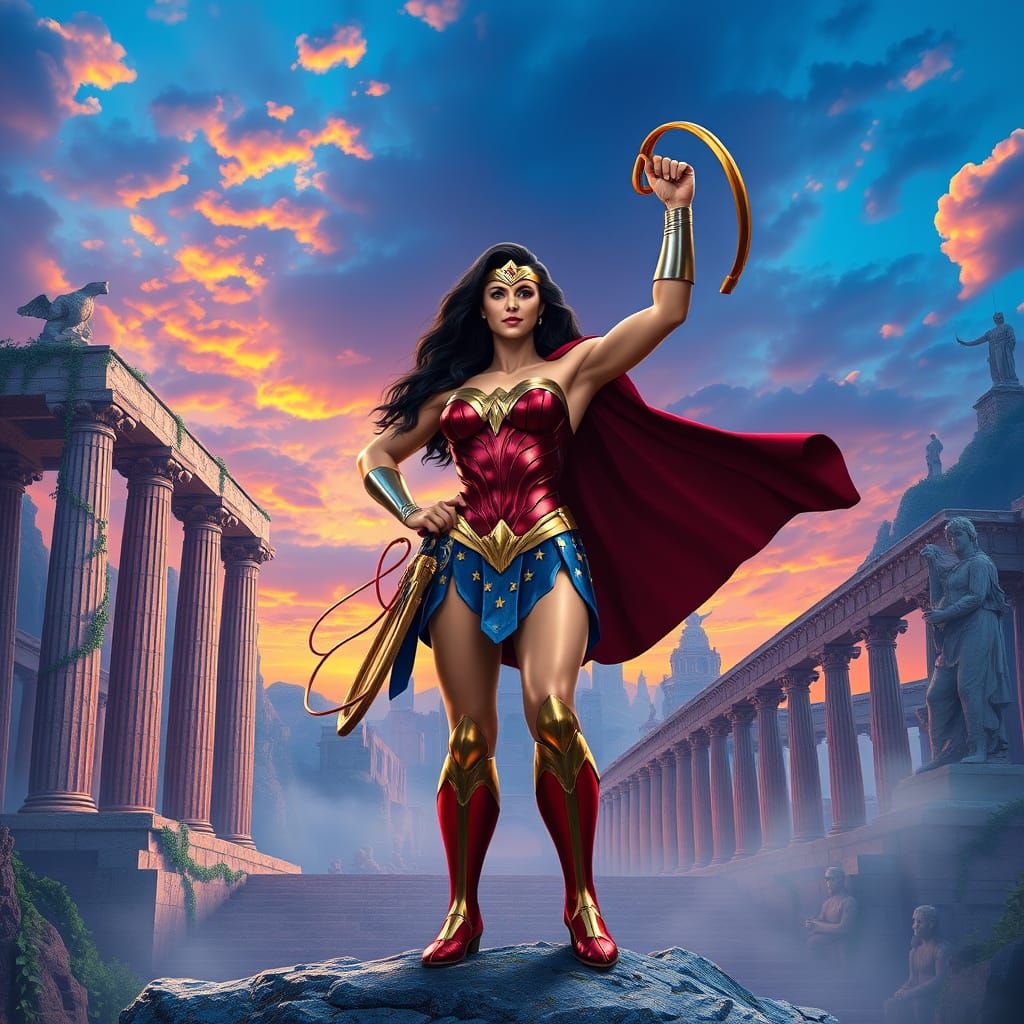 Regal Wonder Woman in Ancient Greek Fantasy Cityscape