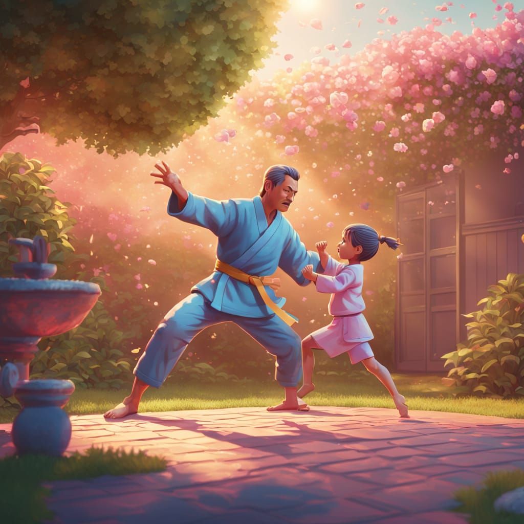 Father Teaches Daughter Karate Kick: 3D Digital Art