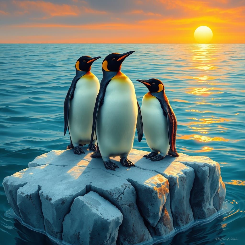 Penguins on Iceberg in Warm Light: Wildlife Art