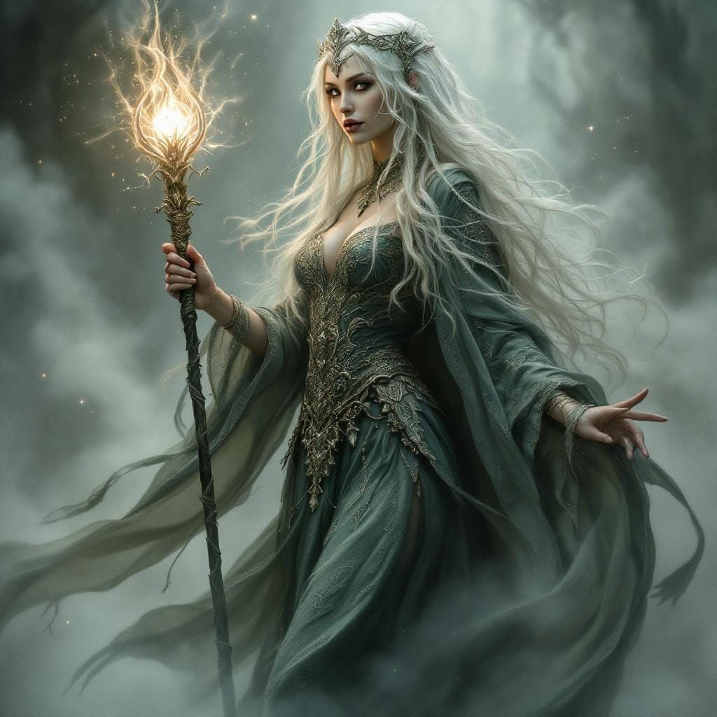 Princess Mage with Luminous Staff in Ethereal Mist