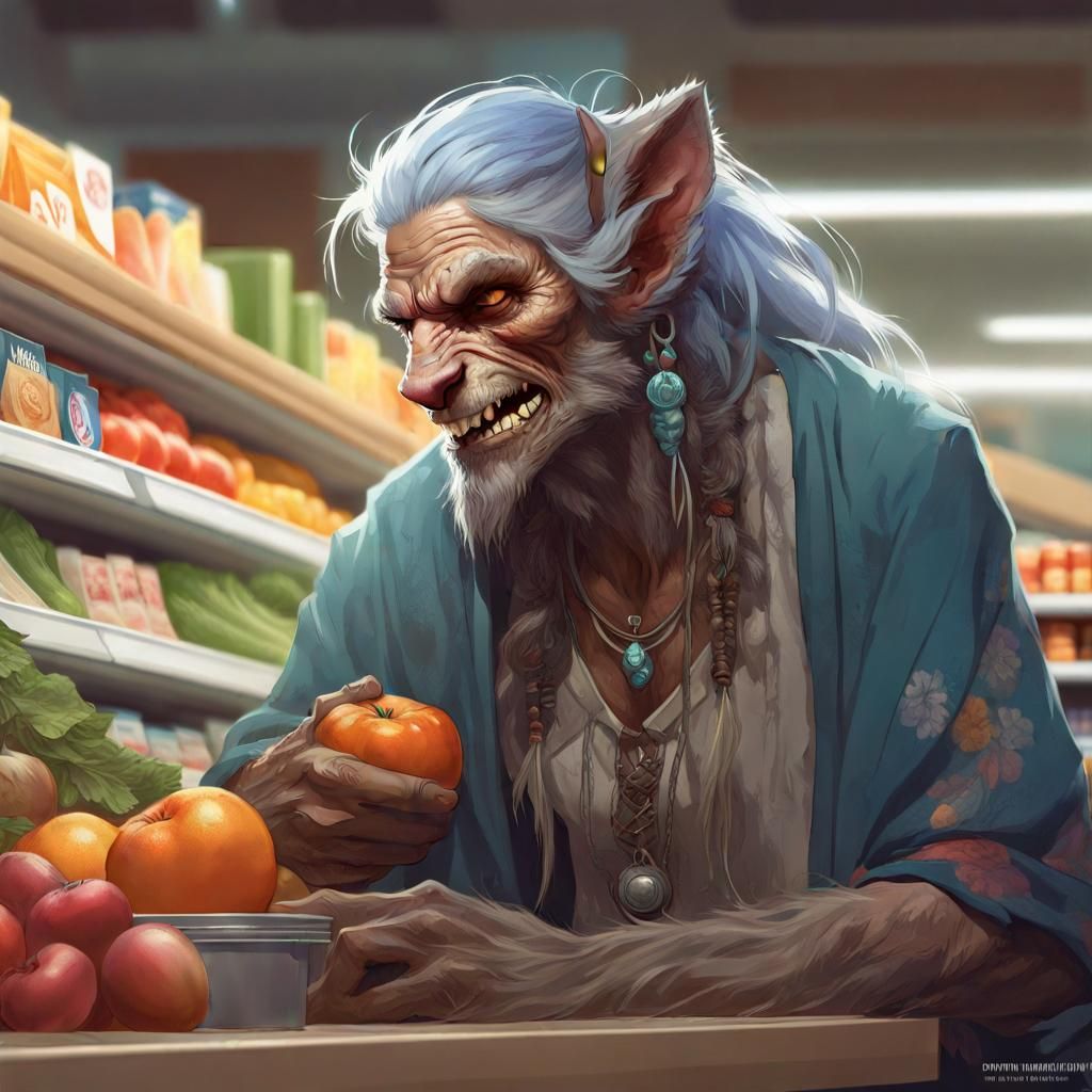 Hippie Werewolf's Supermarket Feast: Hyperdetailed Portrait