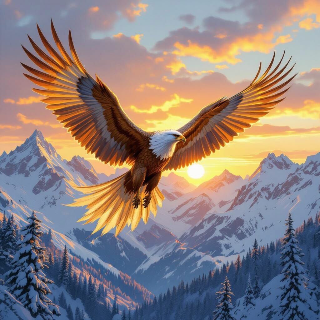 Griffin Soaring Over Snow-Capped Mountains at Sunset