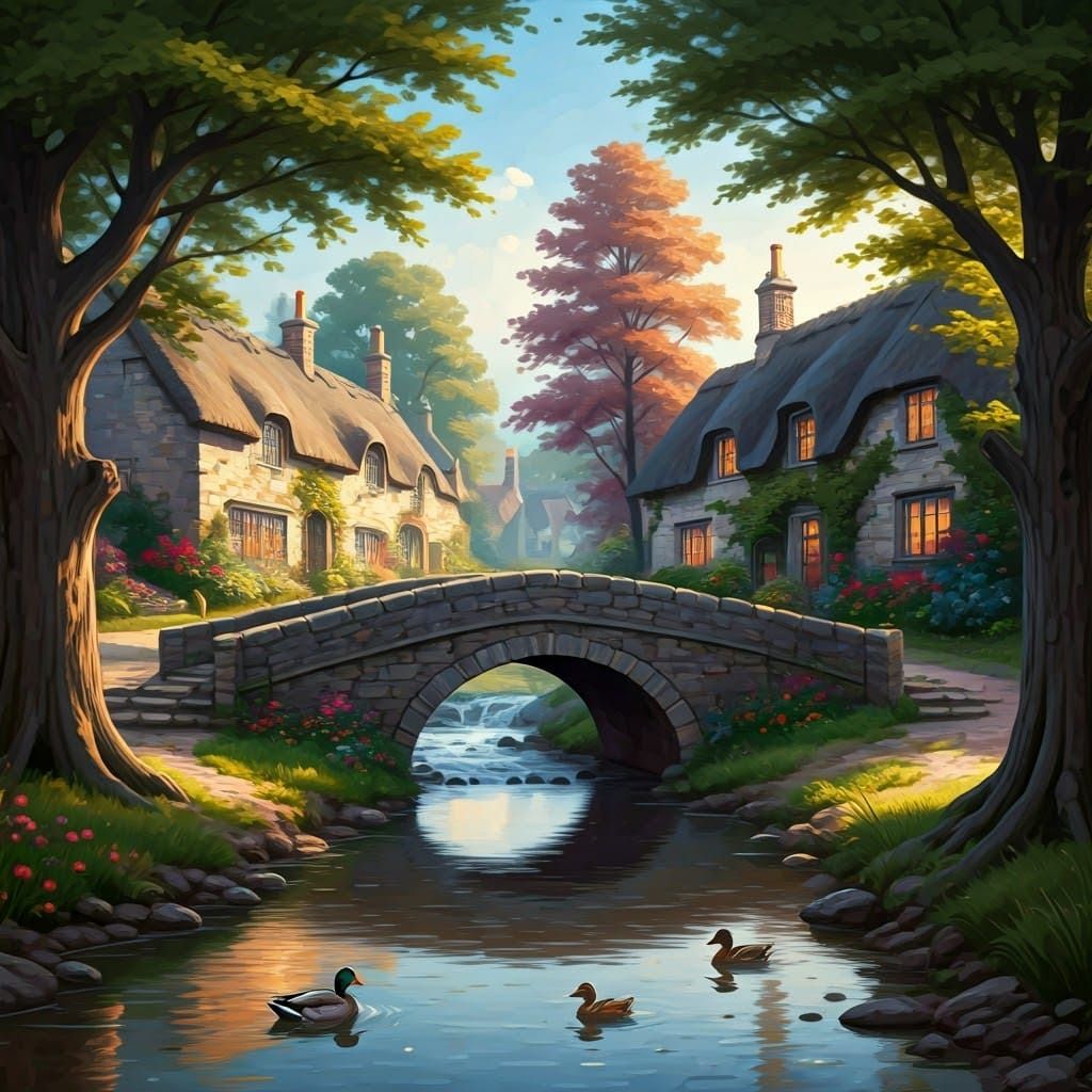 Serene Stone Bridge in a Sunny 19th-Century Village