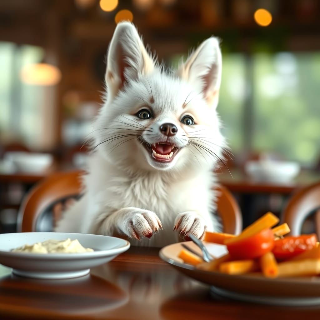 Cute White Fox at a Dining Table Snack