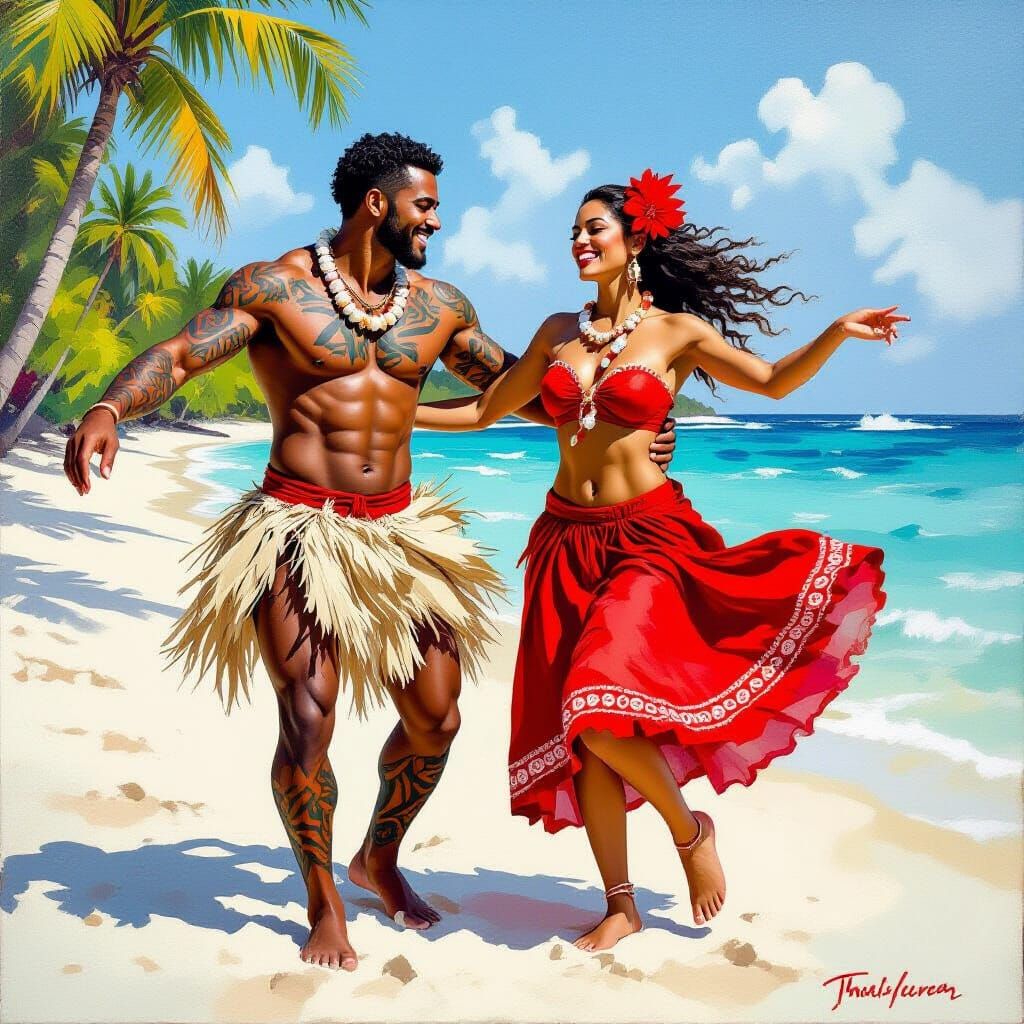 Tahitian Dancers on White Sand Beach as Oil Painting
