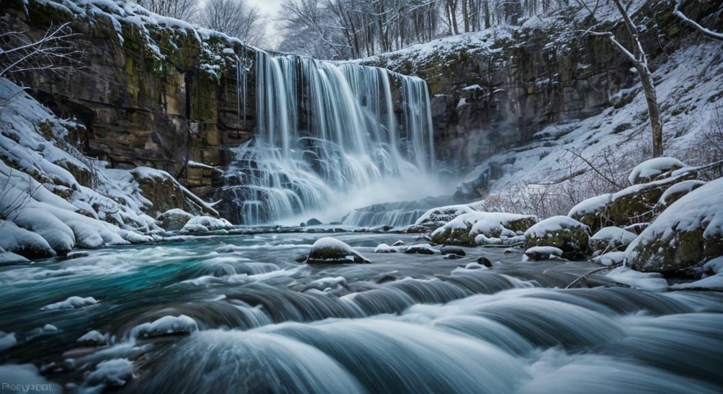 Surreal Spring Awakening Frozen Waterfall Scene