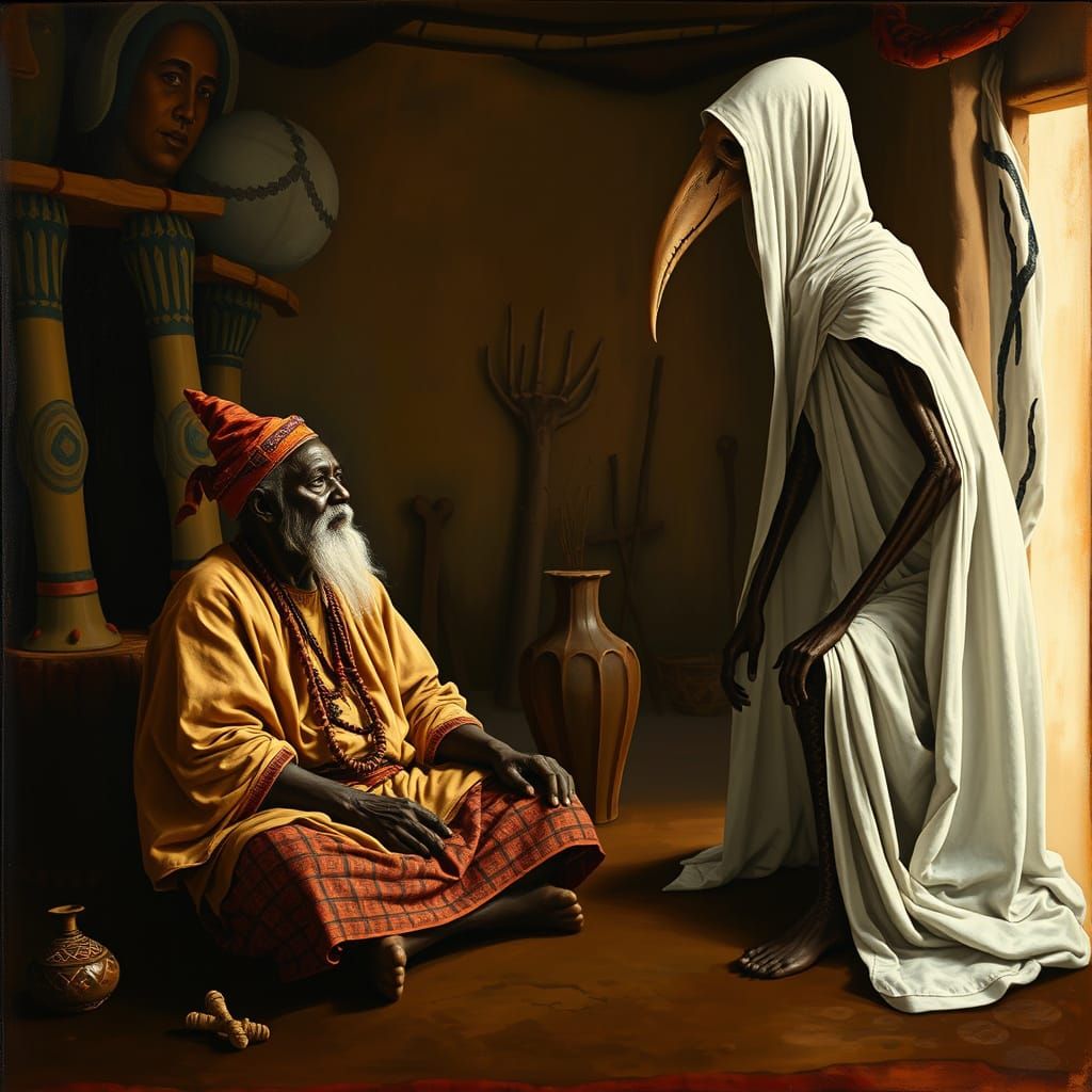 Dogon Chief Engages with Mysterious Figure in Traditional Hu...