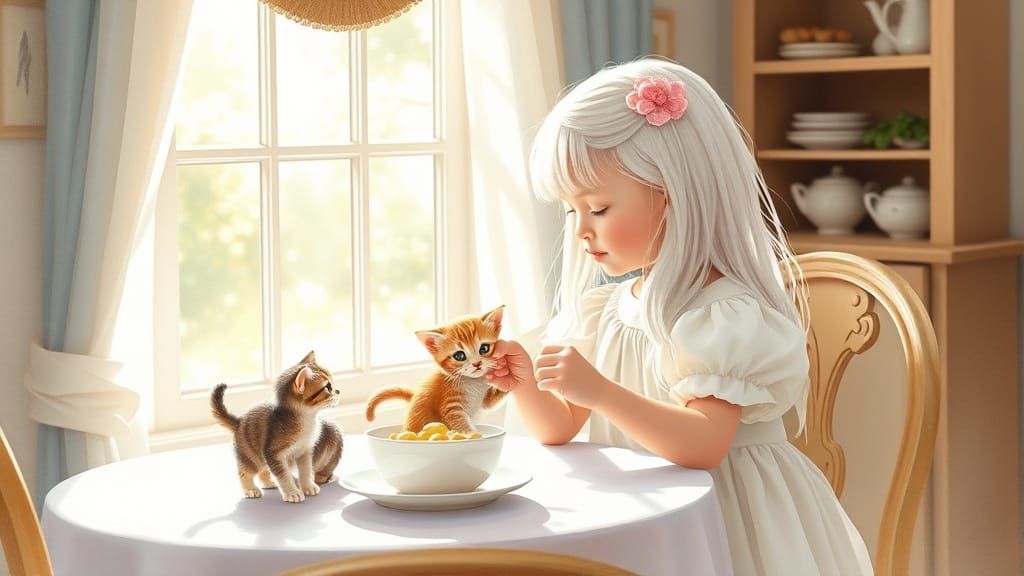Girl and Kitten Share Breakfast, Watercolor Illustration