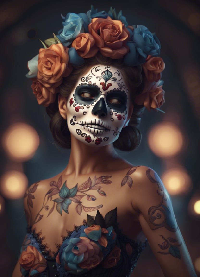 Cartoon Woman Dancing with Sugar Skull Makeup