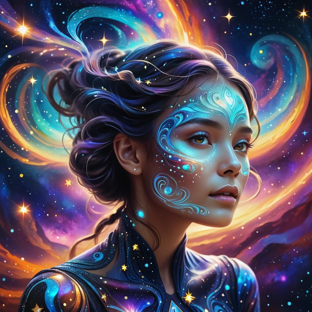 Surreal Woman Portrait in Starry Night Sky