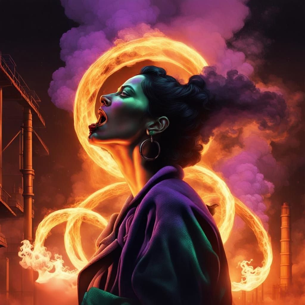 Woman Experiencing Spontaneous Combustion in Dark Fantasy St...