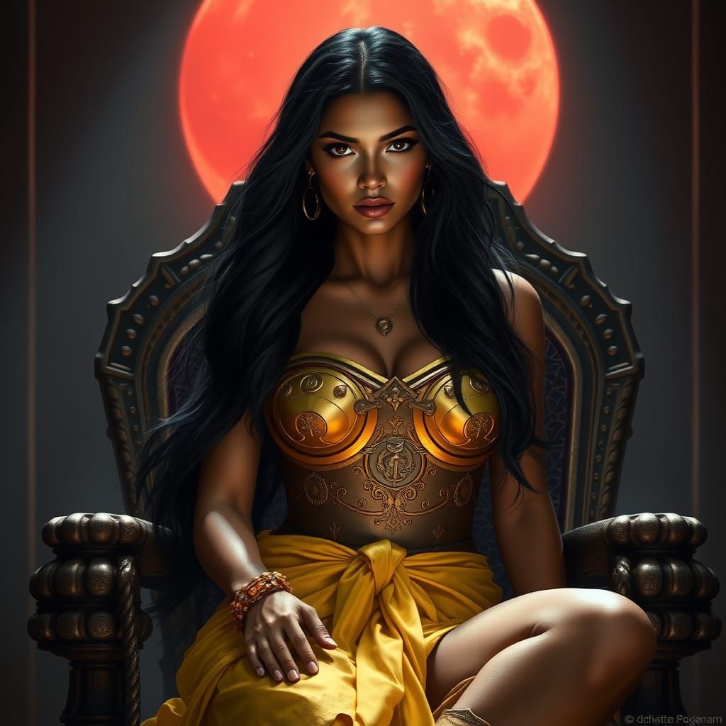 Nicaraguan Woman on Throne Under Blood-Red Moon