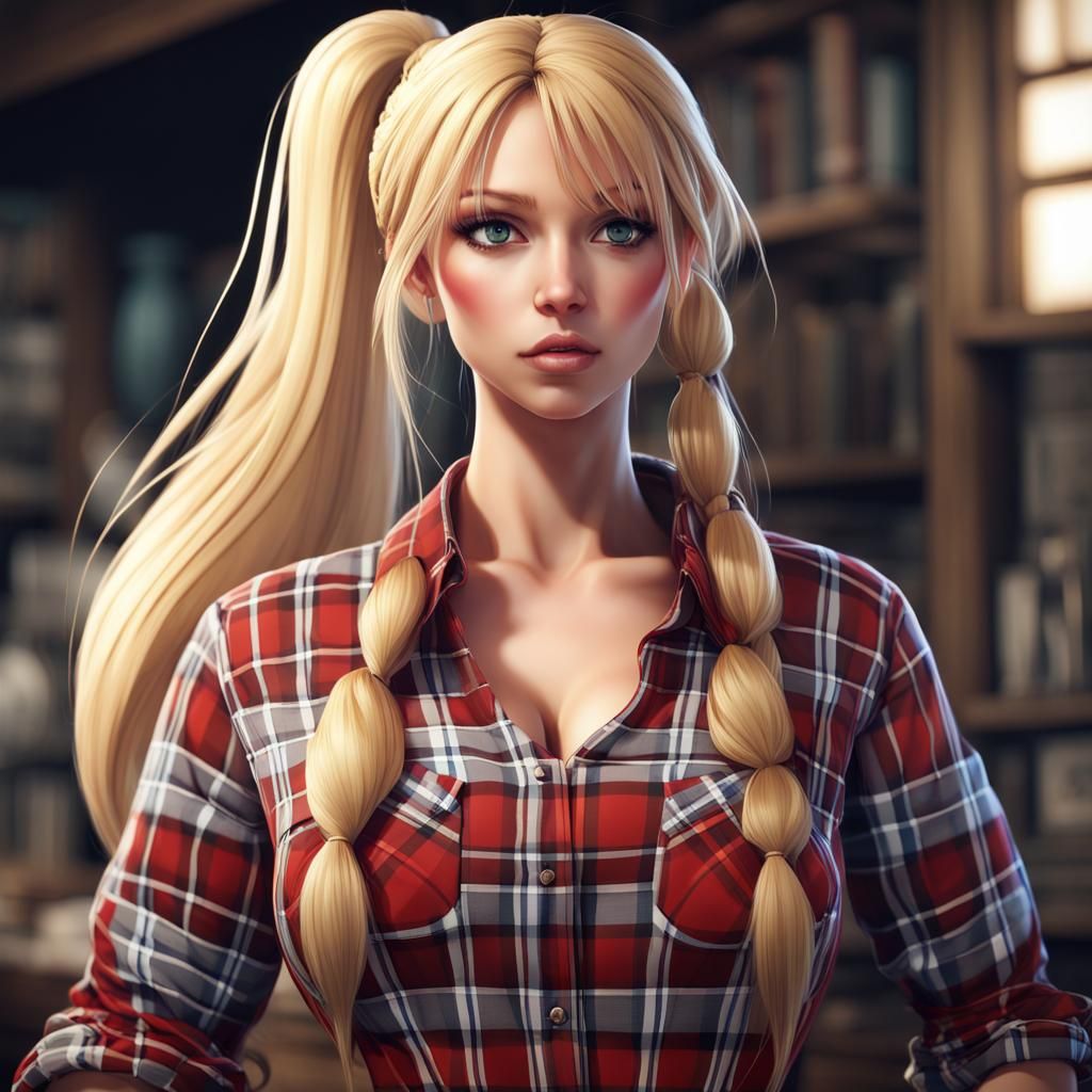 Anime Woman in Plaid Shirt: Detailed Digital Art