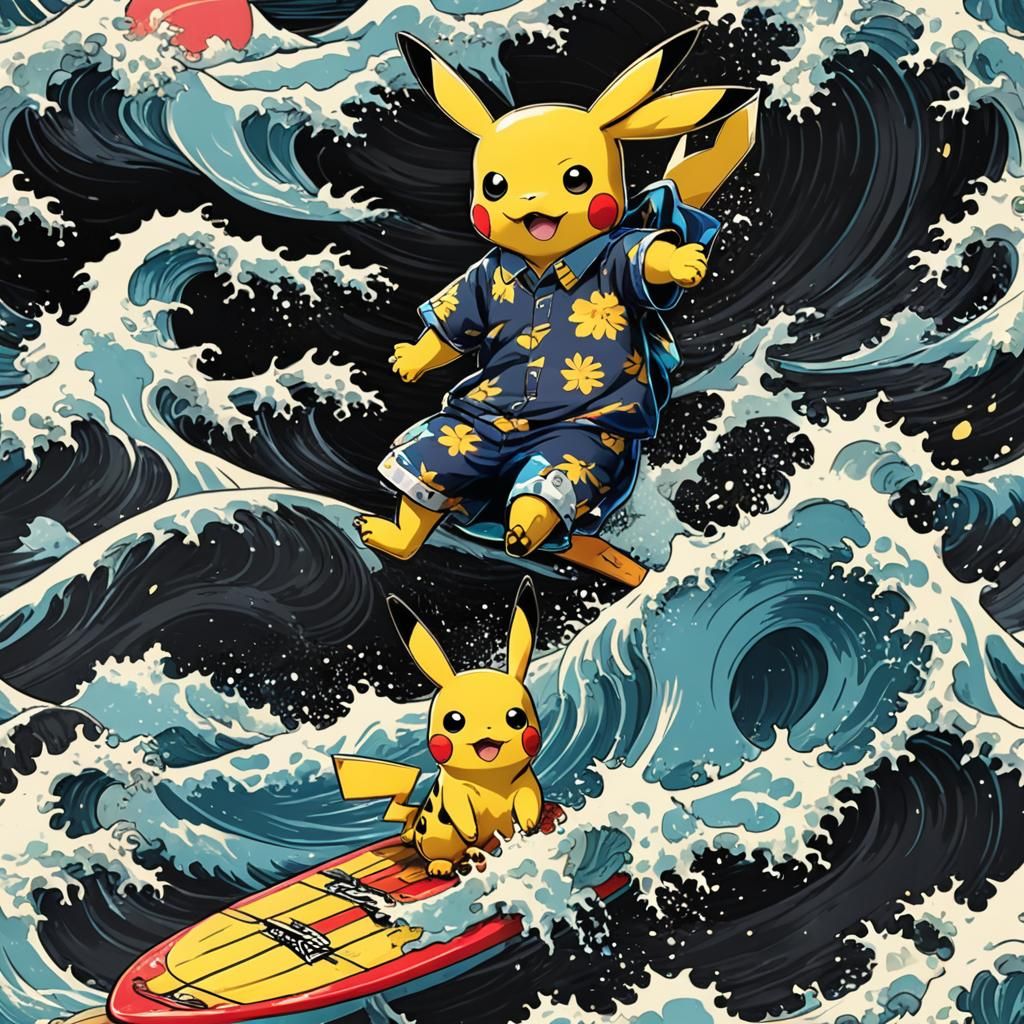 Pikachu Surfing a Wave in Vaporwave Style