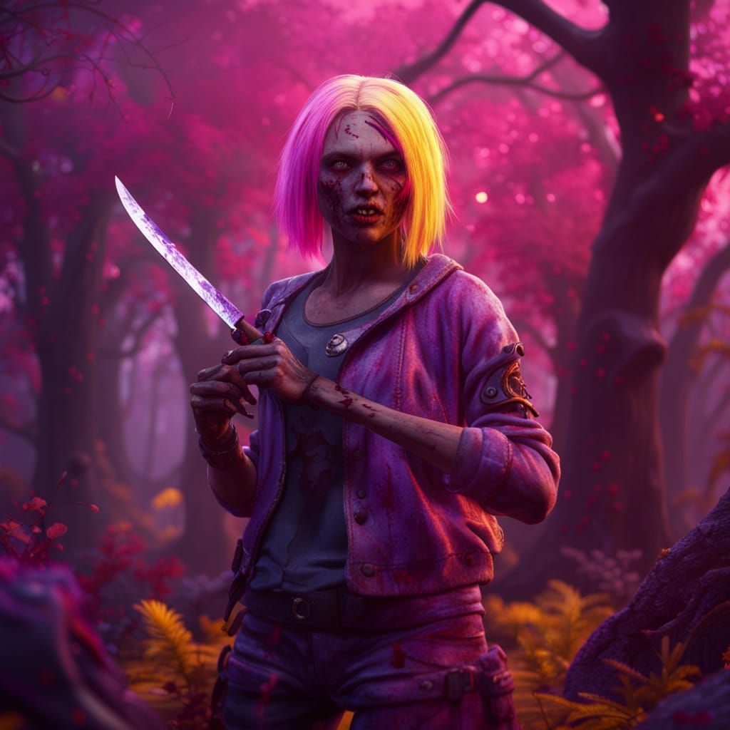 Zombie Girl in Pink Forest: Detailed Matte Painting