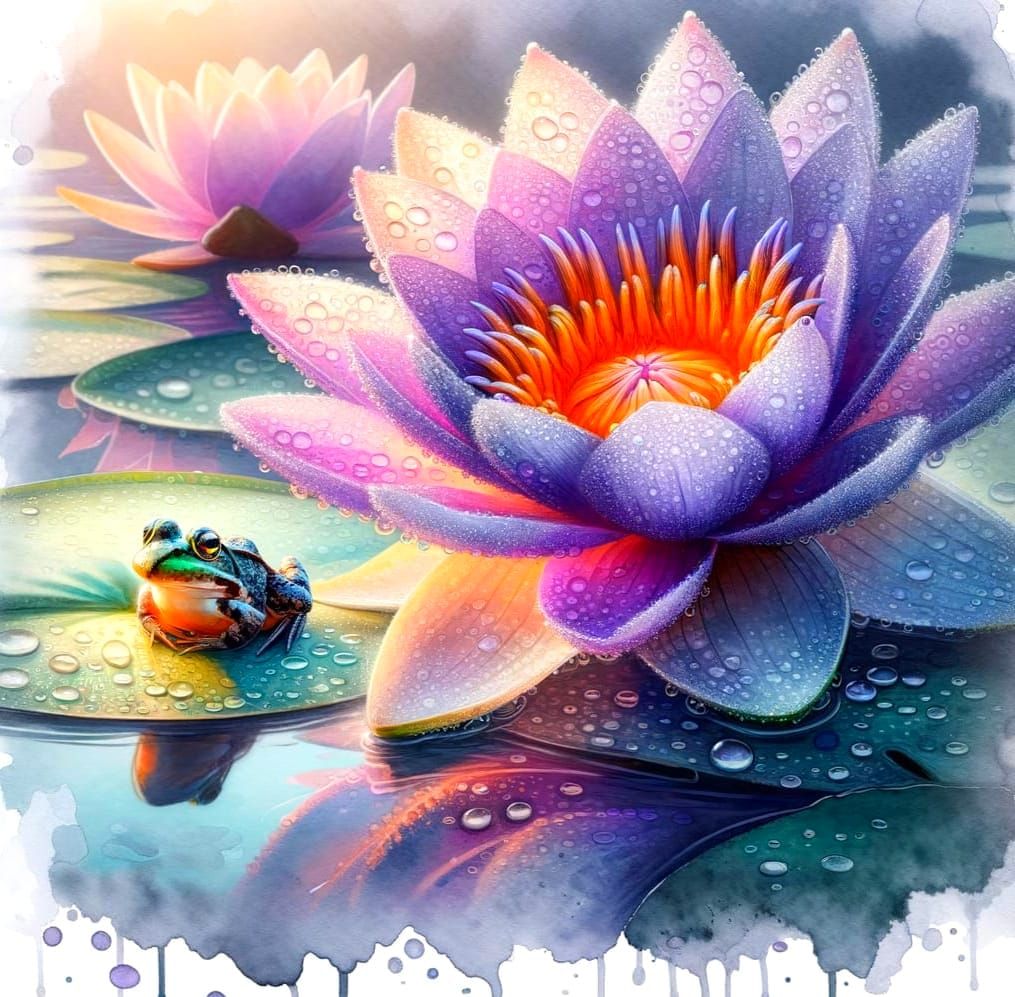 Purple Lotus with Frog in Watercolour Style