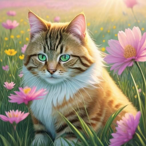Happy Cat in Meadow: Vibrant Digital Illustration