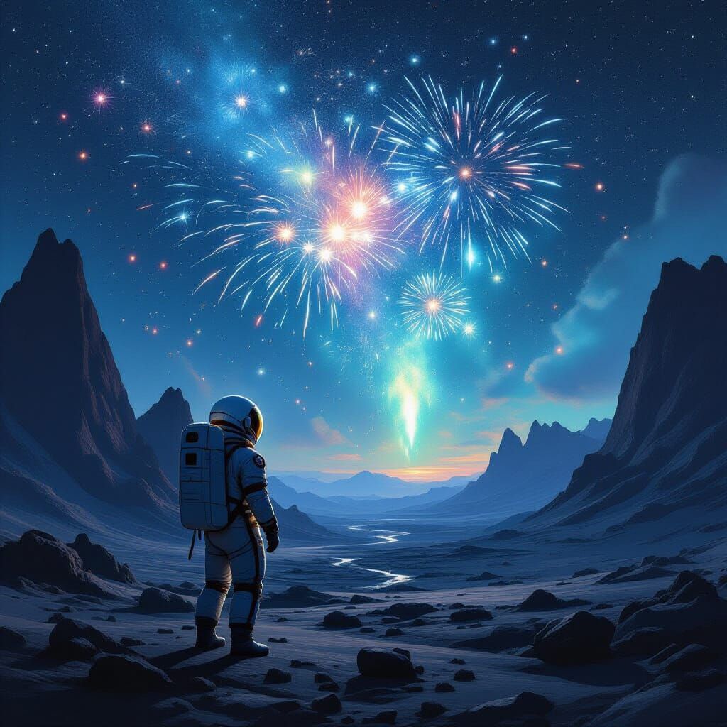Astronaut Gazes at Cosmic Fireworks: Romanticism Art