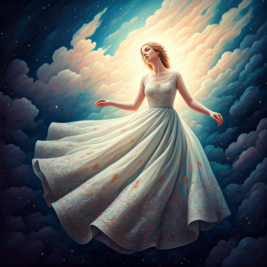 Ethereal Woman in Whimsical Cloudscape