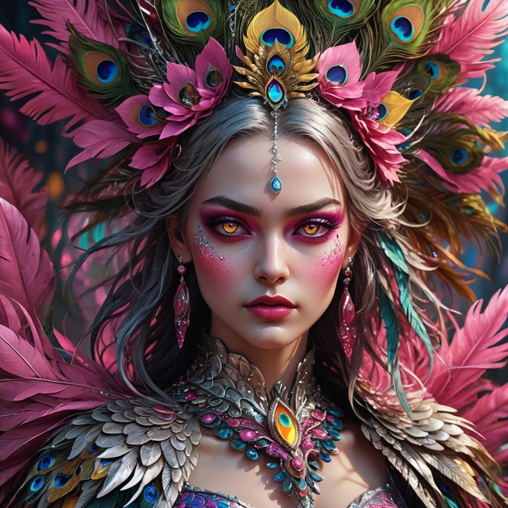 Peacock Haired Woman with Silver Eyes in 3D Style