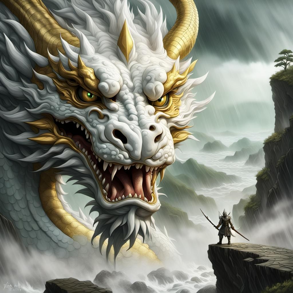 White and Gold Dragon Stares at Knight: 3D Digital Art