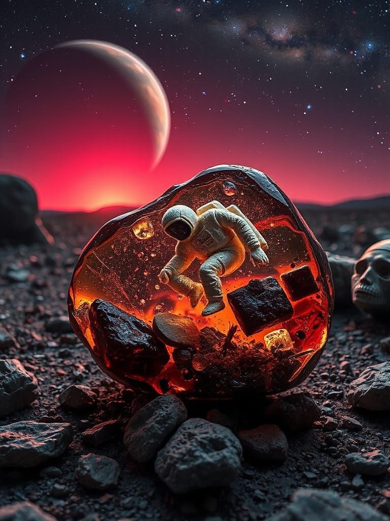 Ambernaut with Everyday Objects in Empire Glass at Rosy Dawn