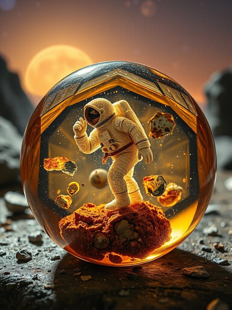 Ambernaut with Everyday Objects in Empire Glass at Rosy Dawn