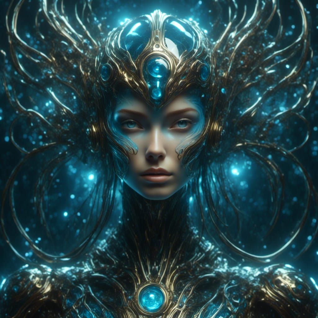 Cyber-Organic Woman in Bioluminescent Sea, Lunar Punk Style