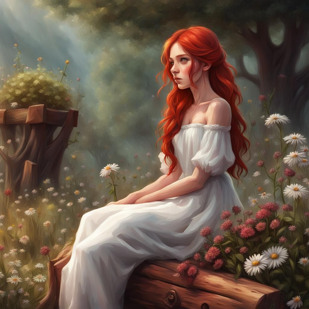 Melancholic Redhead with Flowers: Fantasy Digital Art