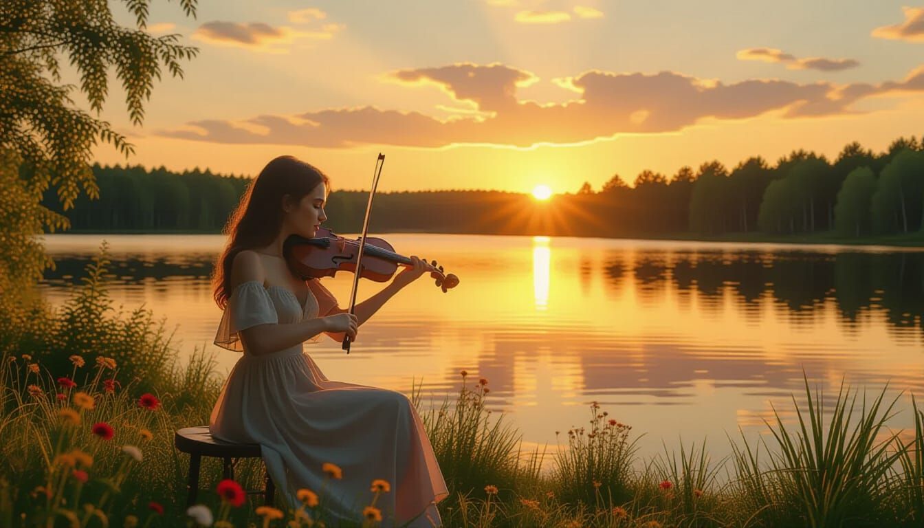 Sunset Violinist on Serene Lake Shore: Cinematic Landscape