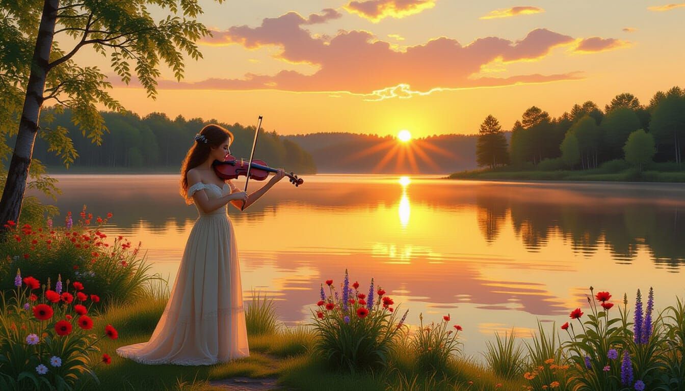 Violinist's Lakeside Sunset Serenade: Impressionistic Style